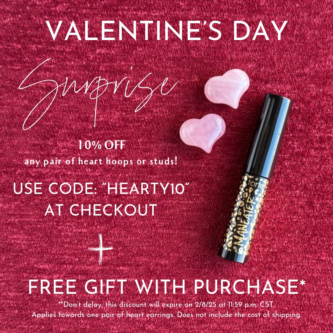 LustoraJewelry's tweet photo. ❤️‍🔥✨ It’s Getting Heart in Here—So Take Off 10%!

Turn the heat up with a 10% discount off any pair of heart hoops or studs + a FREE Tarte Maneater mascara.

USE CODE: “HEARTY10” at checkout

Don’t delay, this discount will expire on 2/8/25 at 11:59 p.m. CST. While supplies last. https://t.co/aWPtNAU4QD