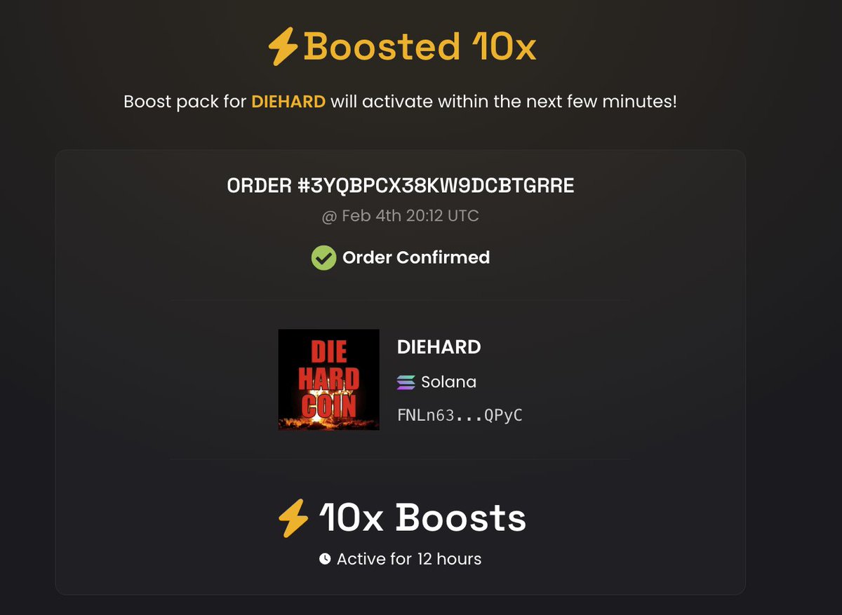 ⚡ Boosted 10x DIEHARD on DEX Screener!
dexscreener.com/solana/FNLn631…