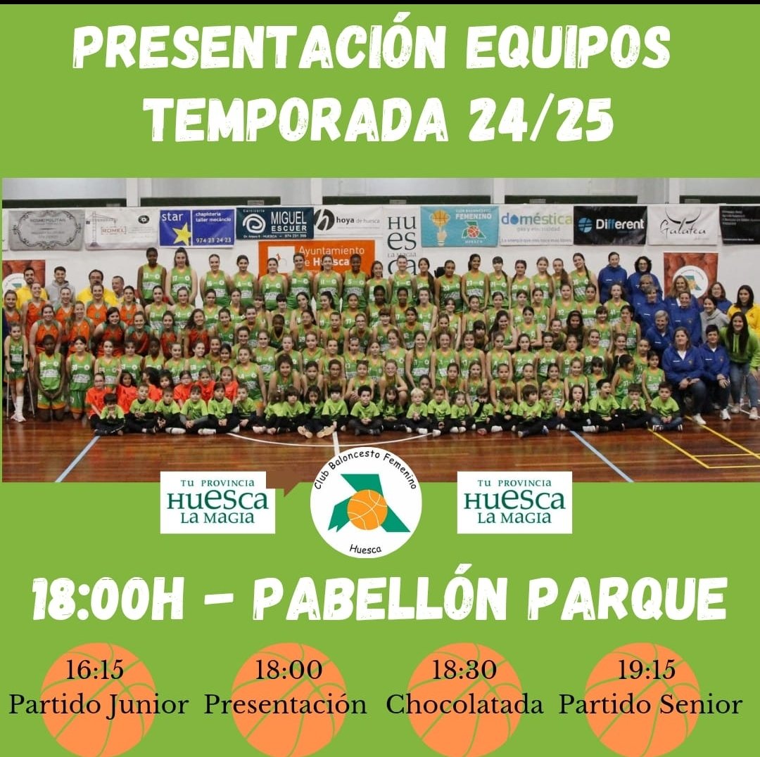 📢 PRESENTACIÓN EQUIPOS 
 
🗓️ Sábado 8 de febrero 
🕕 A las 18 H.
📍 Pabellón del parque 

#presentacionequipos
#tuprovinciahuescalamagia
#baloncestofemenino
#ayuntamientohuesca