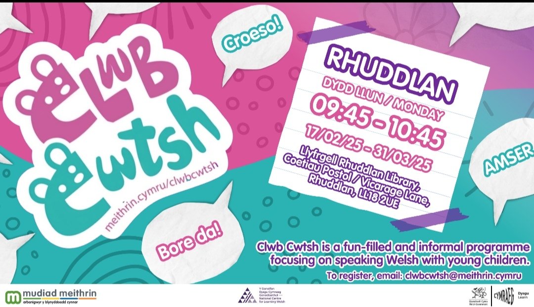 GwenanEllis's tweet photo. Clwb Cwtsh #Rhuddlan starting soon. Welsh taster sessions for parents / carers / grandparents that would like to start speaking Welsh at home with young children. Email clwbcwtsh@meithrin.cymru for further information. 🏴󠁧󠁢󠁷󠁬󠁳󠁿 https://t.co/WpoapvSuUY
