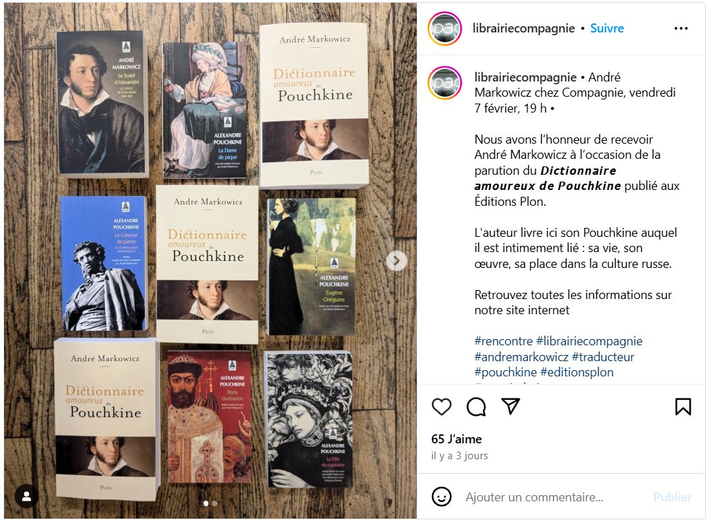 📚 PARUTION

"Dictionnaire amoureux de Pouchkine" (Plon), par André Markowicz

Il le présentera à la Librairie Compagnie (Paris V) ce vendredi 7 février ⬇️