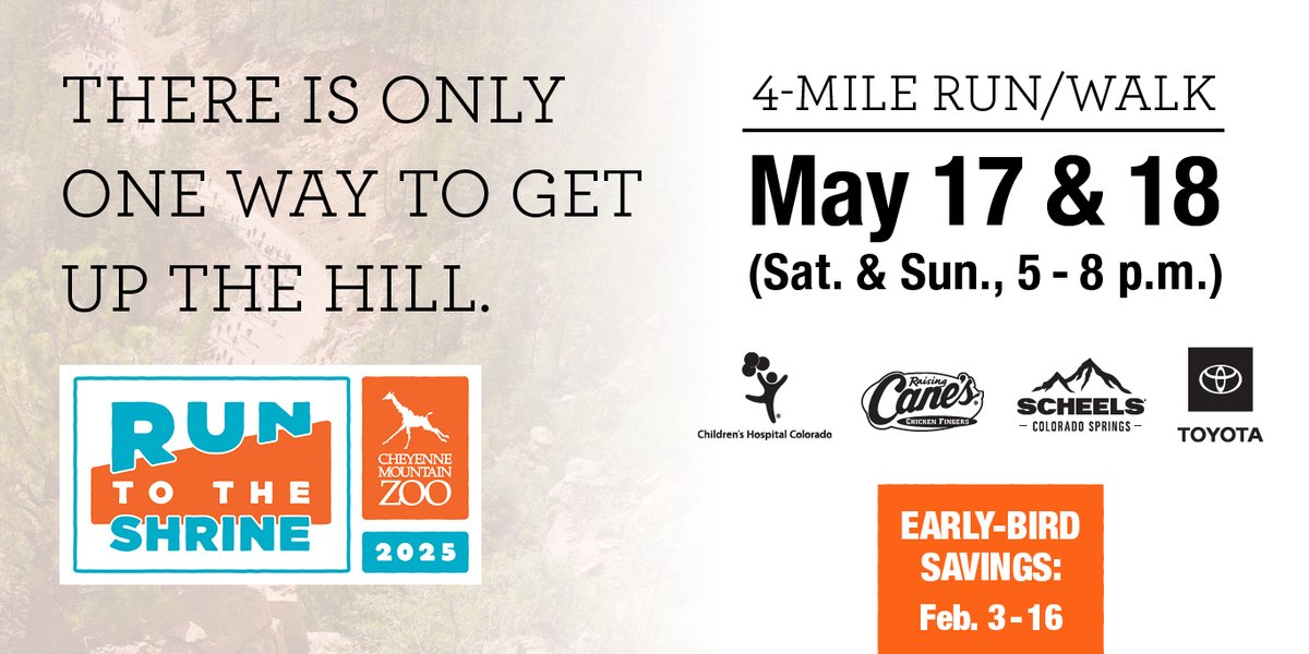 CheyenneMtnZoo's tweet image. Register by Sun., Feb. 16 to get the lowest price of the year for Run to the Shrine 2025 registration! Get all the details and register now at cmzoo.org/run.
Join us on Sat., May 17 or Sun., May 18 from 5 to 8 p.m. for our annual fun-run (or fun-walk!). Run to the…