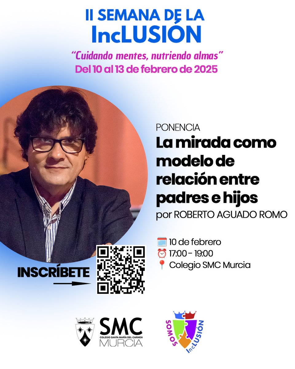 📢 El próximo lunes 10 de febrero, dentro de la Semana de la Inclusión del #SMCMurcia, contaremos con una charla imperdible de <a href="/RaguadoR/">Roberto Aguado Romo</a>:

🎤 "La mirada como modelo de relación entre padres e hijos"
🗓️ 10 de febrero
⏰ 17:00 - 19:00

🔗 Inscripciones aquí: forms.gle/AxzGCYxPTzTQm6…