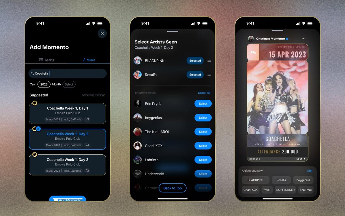 brennanjp's tweet photo. 🎉 Music Festivals are now LIVE on @ACMomento!

Adding a Festival is just like adding a concert to Momento, except you can select both the specific day you attended &amp; Artists you saw perform.

If you attended a Festival for multiple days, each day gets its own Momento. 🥳

Enjoy! https://t.co/zXoHnHXliQ