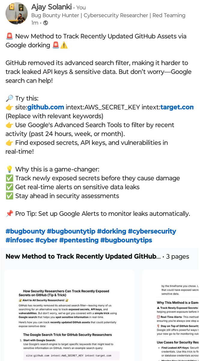 iamxroot's tweet photo. Recently GitHub disabled the recent search for bug bounty hunter but I discovered the way to find that method vai google dorking

https://t.co/g9nMh23ByD

#BugBounty #bugbountytips #bugbountytip #cybersecurity #dorking #infosec https://t.co/wjPOKanf9v
