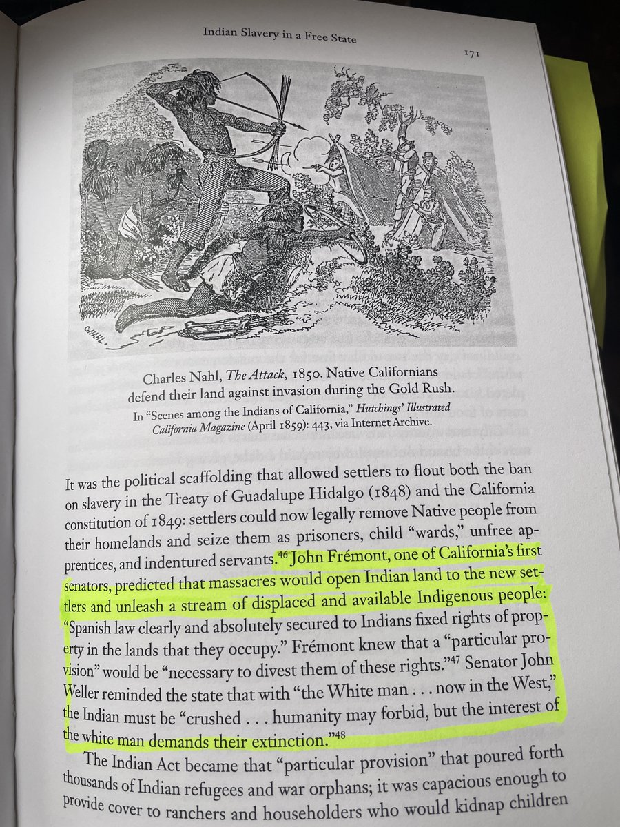 LoriSaldanaSD's tweet photo. The city of #Fremont is in the news re:#homelessness 
- FYI, Fremont is named after John C. Frémont, one of California's first two US Senators.

But before statehood: In 1846, "US Army Captain John Frémont attacked the Wintu with rifles, sabers, knives and their own tomahawks. Up to one thousand Wintu were "eliminated" in this second massacre of California Indians..."

Frémont went on to participate in more massacres and the genocide of indigenous Californians, in part to overturn their land rights granted under Spanish law. 

According to US Senator John Weller, (who defeated Frémont in his bid for re-election to the US Senate) - "...the interests of the white man demands their extinction."

These images and excerpts describing Frémont's work in California and Washington DC are from Jean Pfaelzer's well-researched book: "California: A Slave State"

"California became a state on September 9, 1850, and elected John C. Frémont, a Free Soil Democrat, and William Gwin as its first two senators. By a draw of straws, Frémont won the shorter senate term. In Washington, he supported bills that would lock in Mexican land grants, including his own, and prevent foreign miners from owning gold claims. His term lasted 175 days, to March 3, 1851, and he lost reelection to pro-slavery John B. Weller. Although known as an abolitionist and officer in the Union Army, upon his arrival in California, Frémont participated in brutal Indian massacres."

"For this role see Benjamin Madley, An American Genocide: The United States and the California Indian Catastrophe, 1846-1873 (New Haven: Yale University Press, 2016), Edward E. Baptist, "Stol and Fetched Here': Enslaved Migration, Ex-slave, narrative and vernacular history in 'New studies in the History of American slavery'.”