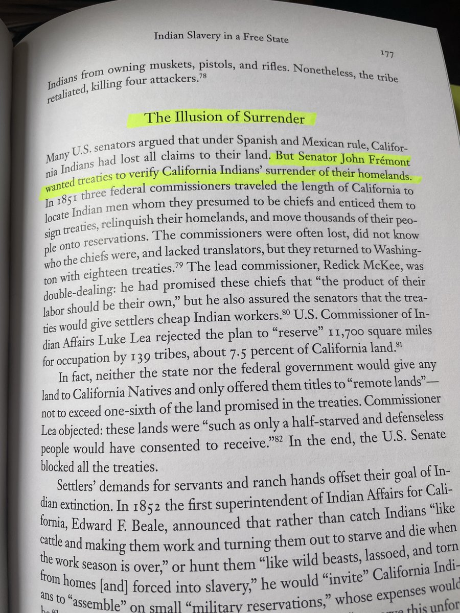 LoriSaldanaSD's tweet photo. The city of #Fremont is in the news re:#homelessness 
- FYI, Fremont is named after John C. Frémont, one of California's first two US Senators.

But before statehood: In 1846, "US Army Captain John Frémont attacked the Wintu with rifles, sabers, knives and their own tomahawks. Up to one thousand Wintu were "eliminated" in this second massacre of California Indians..."

Frémont went on to participate in more massacres and the genocide of indigenous Californians, in part to overturn their land rights granted under Spanish law. 

According to US Senator John Weller, (who defeated Frémont in his bid for re-election to the US Senate) - "...the interests of the white man demands their extinction."

These images and excerpts describing Frémont's work in California and Washington DC are from Jean Pfaelzer's well-researched book: "California: A Slave State"

"California became a state on September 9, 1850, and elected John C. Frémont, a Free Soil Democrat, and William Gwin as its first two senators. By a draw of straws, Frémont won the shorter senate term. In Washington, he supported bills that would lock in Mexican land grants, including his own, and prevent foreign miners from owning gold claims. His term lasted 175 days, to March 3, 1851, and he lost reelection to pro-slavery John B. Weller. Although known as an abolitionist and officer in the Union Army, upon his arrival in California, Frémont participated in brutal Indian massacres."

"For this role see Benjamin Madley, An American Genocide: The United States and the California Indian Catastrophe, 1846-1873 (New Haven: Yale University Press, 2016), Edward E. Baptist, "Stol and Fetched Here': Enslaved Migration, Ex-slave, narrative and vernacular history in 'New studies in the History of American slavery'.”