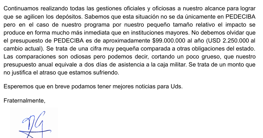 Circula entre integrantes de <a href="/PEDECIBA/">PEDECIBA</a> una nota en la que se informa que el <a href="/mef_Uruguay/">Economía y Finanzas</a> debe unos $ 20 millones en transferencias pendientes de 2024
Acaban de depositar $ 6 millones, lo que permite pagar sueldos, pero se mantienen numerosas deudas
¿Importa la #ciencia en 🇺🇾?