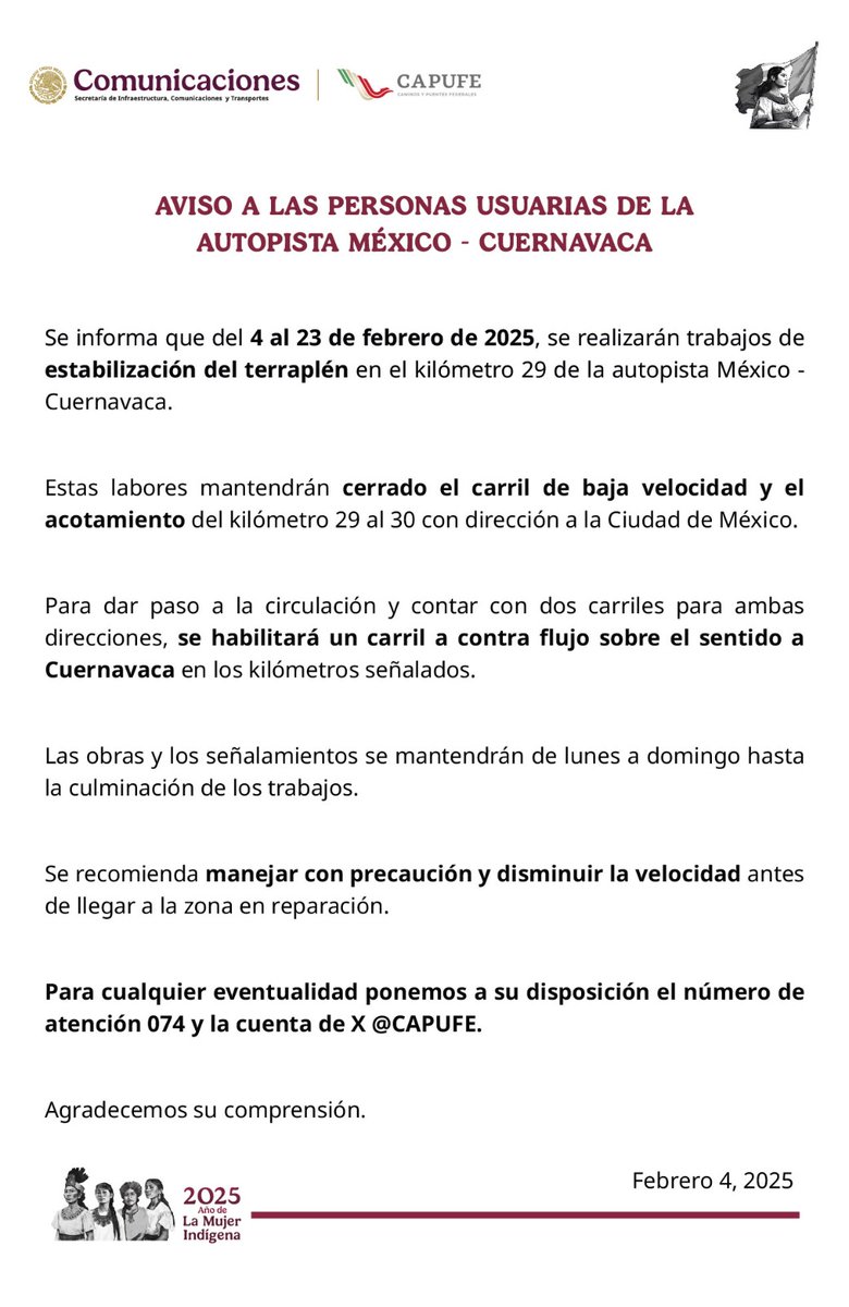 #AVISO a las personas usuarias de la autopista #MéxicoCuernavaca. Habrá cierre de carril de baja y acotamiento por trabajos de estabilización del terraplén.