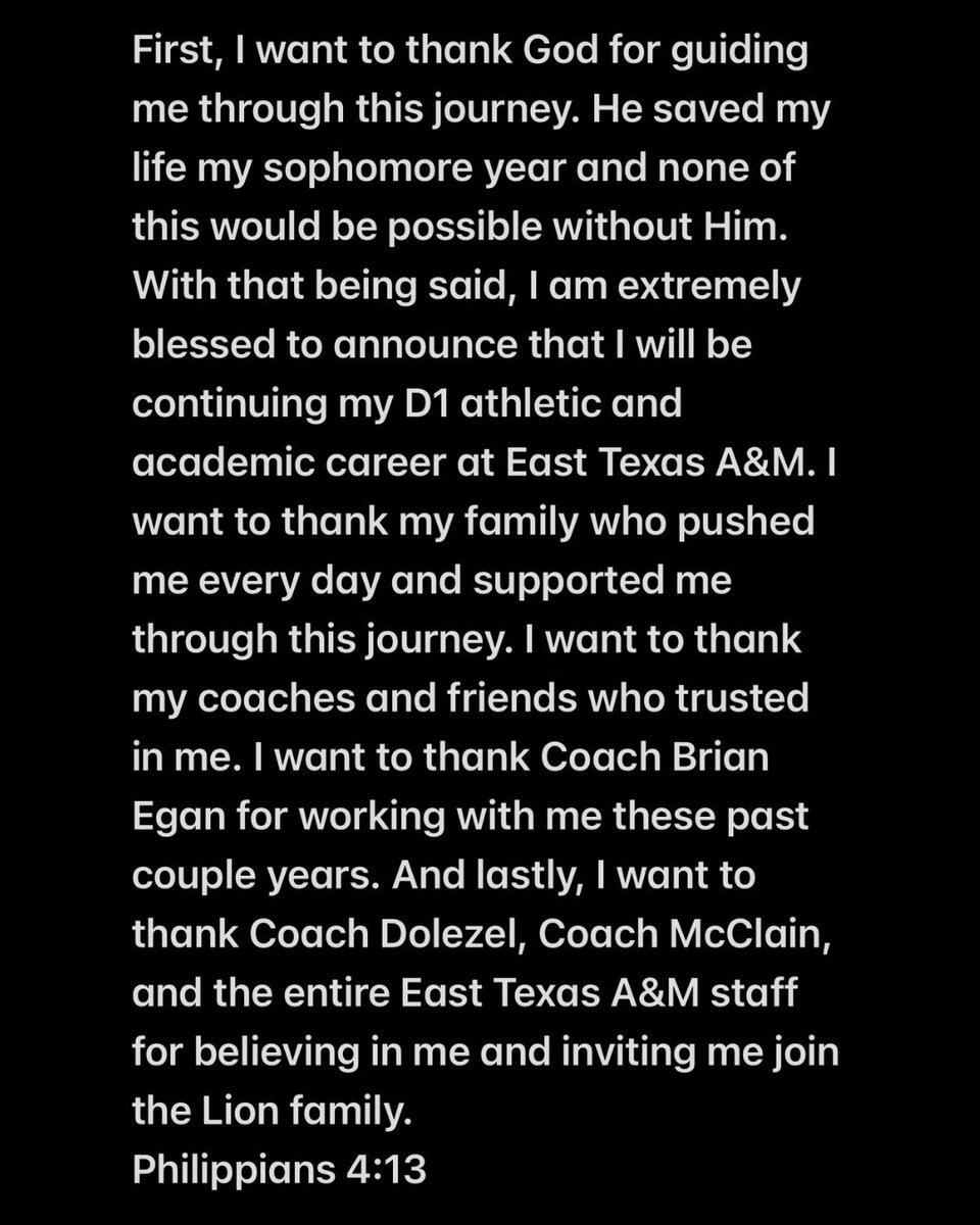 COMMITTED 🙏 #AGTG #HailET
<a href="/Lions_FB/">East Texas A&M Football</a> <a href="/cdole13/">Clint Dolezel</a> <a href="/DLineDude5/">Tony McClain</a> 
<a href="/PKA_TX/">Performance Kicking</a> <a href="/Coach_Grayson21/">Coach Grayson</a> <a href="/dctf/">Dave Campbell's Texas Football — TexasFootball.com</a> 
<a href="/coachBrian_Egan/">Brian Egan</a> <a href="/DamianDevon/">QBLifestyle</a>