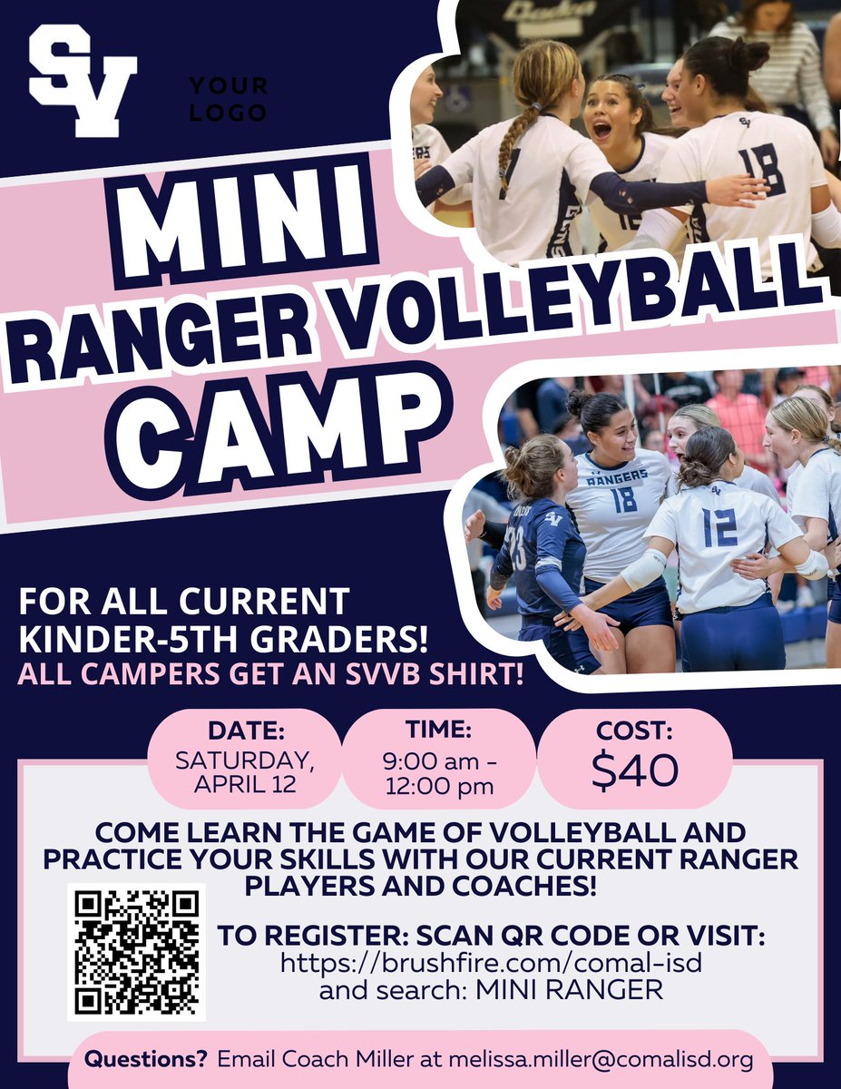 MINI RANGERS!! 👆🏼 WE WANT YOU!!

Camp this year is Saturday, April 12th! We want all current Kinder-5th graders to join us for a ton of fun! 

All campers will receive an adorable camp T-shirt and are guaranteed to learn a lot while having fun! 💙🏐
