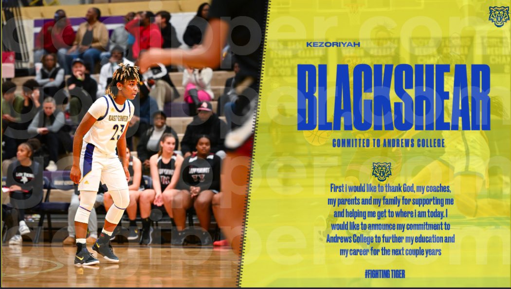 Andrew College WBB (@andrewwbb) on Twitter photo 100% commitment from <a href="/1k_kezoriyah/">Kezoriyah Blackshear</a> . Help us welcome our newest Fighting Tiger as she continues her academic and athletic career here at Andrew College. #AndrewWBB 100% commitment from <a href="/1k_kezoriyah/">Kezoriyah Blackshear</a> . Help us welcome our newest Fighting Tiger as she continues her academic and athletic career here at Andrew College. #AndrewWBB