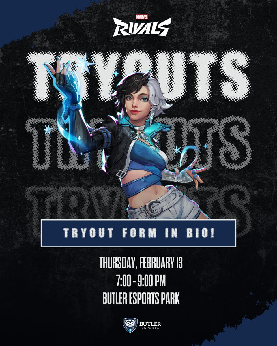 It's time to assemble! 👾 

Butler Esports is holding Marvel Rivals tryouts next Thursday, Feb. 13 from 7-9 PM! Don’t miss your chance—fill out the tryout form below or head over to our LinkTree!  🎮 

*Must be a current Butler student to participate.

🔗: forms.gle/3zTWC5fGd9j1wN…