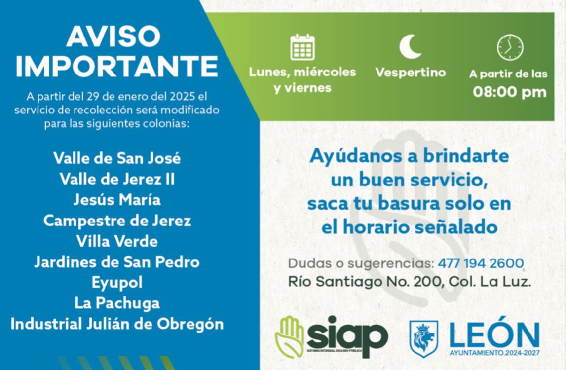 Porque #YoQuieroALeónMásLimpio 💚 y porque tú mereces un mejor servicio en la recolección de tu basura, hoy tenemos más camiones y recolectores, es por ello que habrá modificaciones de días y horarios de recolección en algunas colonias. ✨