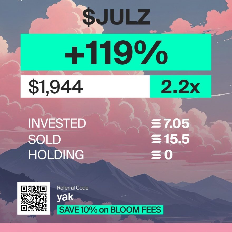 Yakuza Daddy 🥷 (@yakuzadaddy) on Twitter photo This is exactly why <a href="/BloomTradingBot/">Bloom On Chain</a> is my fav
I had an AFK snipe setup for $JULZ 3 days ago
I preset limit orders & came back to a free 2k
And if you wanna learn how to do this too...
Join NWA. Get Bloom. (Both links in Bio)
And I'll personally help you in my VC This is exactly why <a href="/BloomTradingBot/">Bloom On Chain</a> is my fav
I had an AFK snipe setup for $JULZ 3 days ago
I preset limit orders & came back to a free 2k
And if you wanna learn how to do this too...
Join NWA. Get Bloom. (Both links in Bio)
And I'll personally help you in my VC