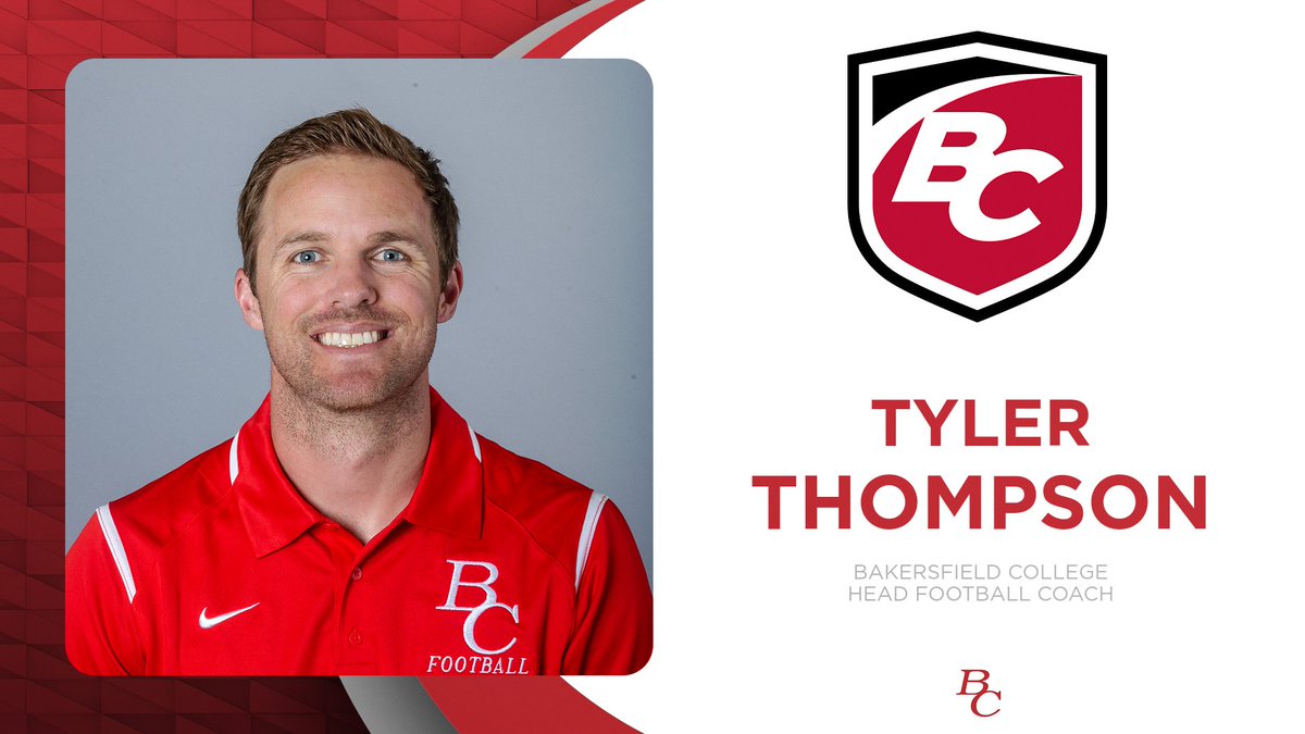 BAKERSFIELD COLLEGE ATHLETICS ANNOUNCES TYLER THOMPSON AS THE NEW HEAD FOOTBALL COACH! 

A press conference will be held tomorrow at 10:30 AM in the New Renegade Athletic Complex gym. 

#gogades #bakersfieldcollege #gogadesgo
