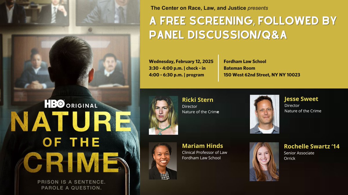 Join us Feb 4, for a free screening &amp; panel discussion of <a href="/HBO/">HBO</a> documentary "Nature of the Crime" looking at the bureaucracy &amp; human impact of the U.S. parole system. CLE credit &amp; refreshments will be provided. Register here: go.activecalendar.com/FordhamUnivers…