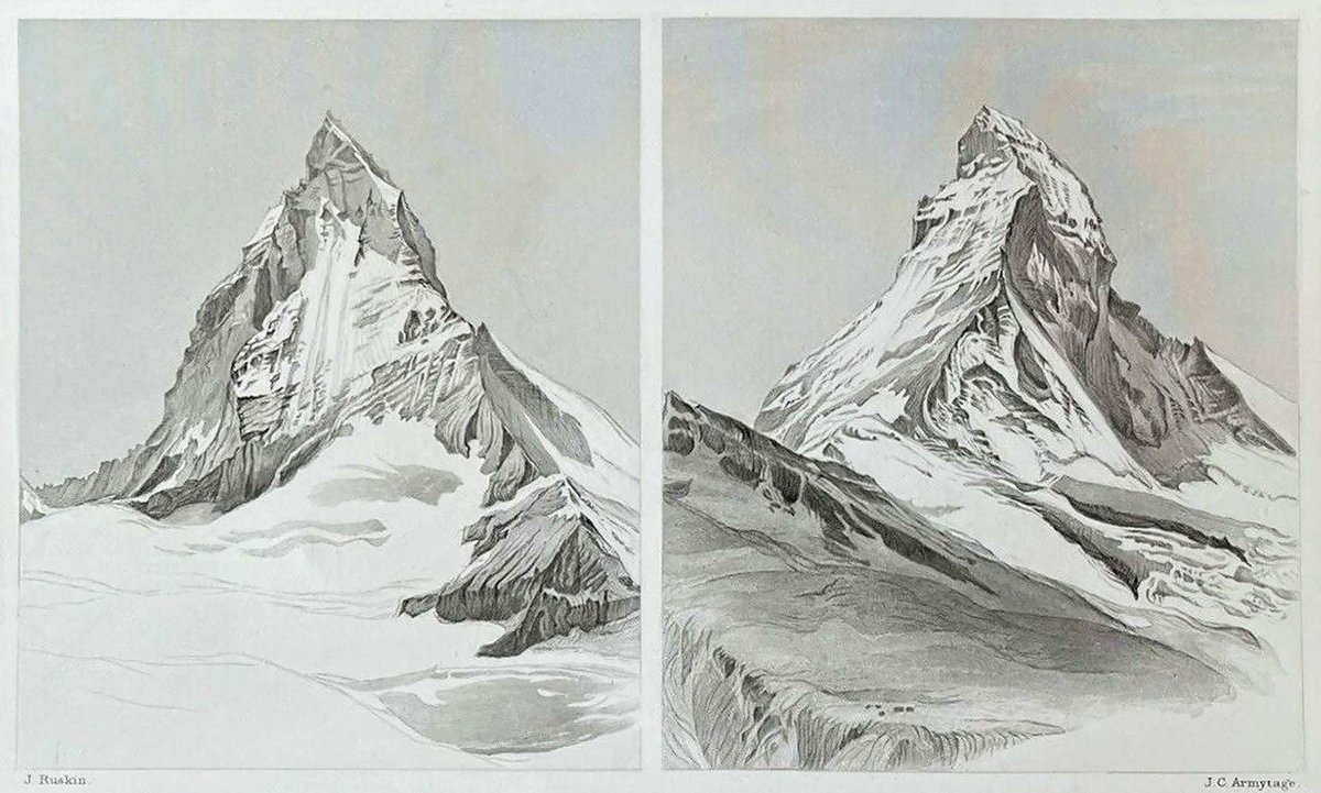 'The Cervin, from the East, and North-East'
John Ruskin
1849

Ruskin came in Zermatt in 1849, a journey during which he took the first image of the Cervin (a bad quality daguerreotype) on 8th Aug w. John Hobbs 📷

Better are his many sketches of this mountain from every angle! 🎨