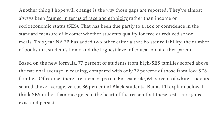 Karen Vaites (@karenvaites) on Twitter photo .<a href="/natwexler/">Natalie Wexler</a> makes a compelling case that socioeconomic status deserves more attention in the way we look at NAEP scores.
The low-high SES reading gap is 45 percentage points: 32% vs 77%.
The black-white reading gap is 28 percentage points.
Socioeconomics are "the heart of the .<a href="/natwexler/">Natalie Wexler</a> makes a compelling case that socioeconomic status deserves more attention in the way we look at NAEP scores.
The low-high SES reading gap is 45 percentage points: 32% vs 77%.
The black-white reading gap is 28 percentage points.
Socioeconomics are "the heart of the