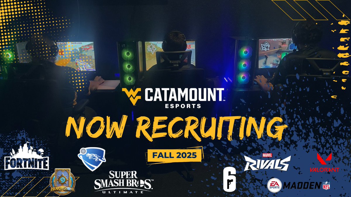 WVUPSCEsports's tweet photo. Catamount Esports is now recruiting for Fall 2025.
Join our competitive, award-winning team and take your gaming to the next level.

Apply now!
https://t.co/y9VSoN3wTL https://t.co/3dSfRdlx3g