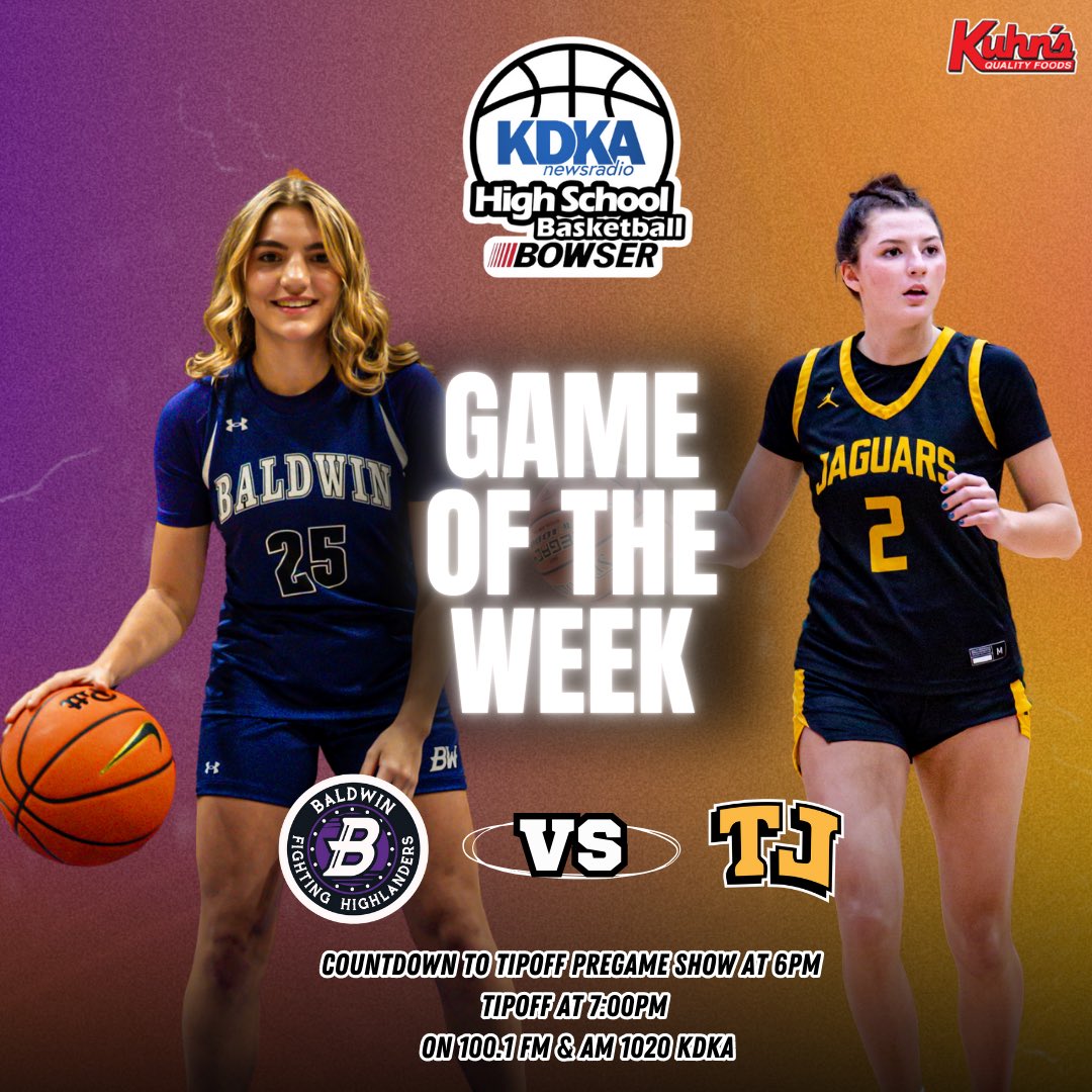 100.1 FM and AM 1020 KDKA (@kdkaradio) on Twitter photo 🏀 GAME OF THE WEEK 🏀
Baldwin 🆚 Thomas Jefferson
📅 Countdown to Tipoff Pregame Show: 6 PM
⏰ Tipoff: 7:00 PM
📻 Tune in: 100.1 FM & AM 1020 KDKA
🔥 Who’s taking the win? 🏆
<a href="/KuhnMarket/">Kuhn’s Market</a>
#KDKAHoops #PowerOfBowser #WPIAL 🏀 GAME OF THE WEEK 🏀
Baldwin 🆚 Thomas Jefferson
📅 Countdown to Tipoff Pregame Show: 6 PM
⏰ Tipoff: 7:00 PM
📻 Tune in: 100.1 FM & AM 1020 KDKA
🔥 Who’s taking the win? 🏆
<a href="/KuhnMarket/">Kuhn’s Market</a>
#KDKAHoops #PowerOfBowser #WPIAL