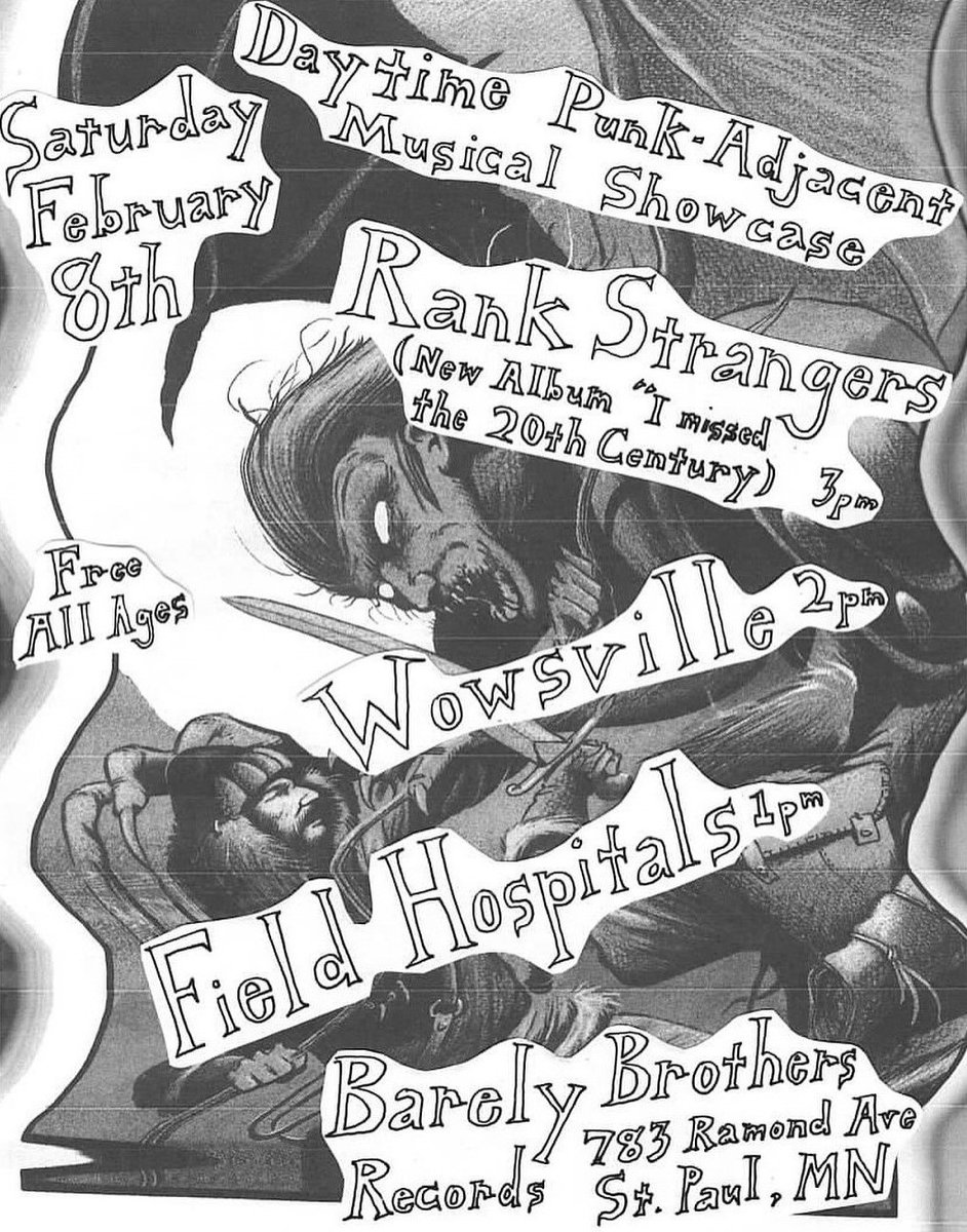 SATURDAY! rank strangers annual return to:
barely brothers records
rank strangers 3pm
wowsville 2pm
field hospitals 1pm
all ages/free
#ionlyfearthatwearemodern