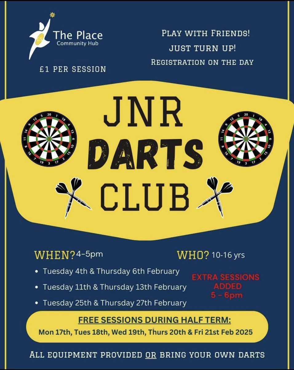 GSThePlace's tweet photo. What a fab start to our Darts club sessions this afternoon! Due to popular demand we have now added additional sessions 5 - 6pm starting this Thursday.  Sessions are just £1 and registration is on the day. Limited numbers per session. https://t.co/7N2QTO27BN
