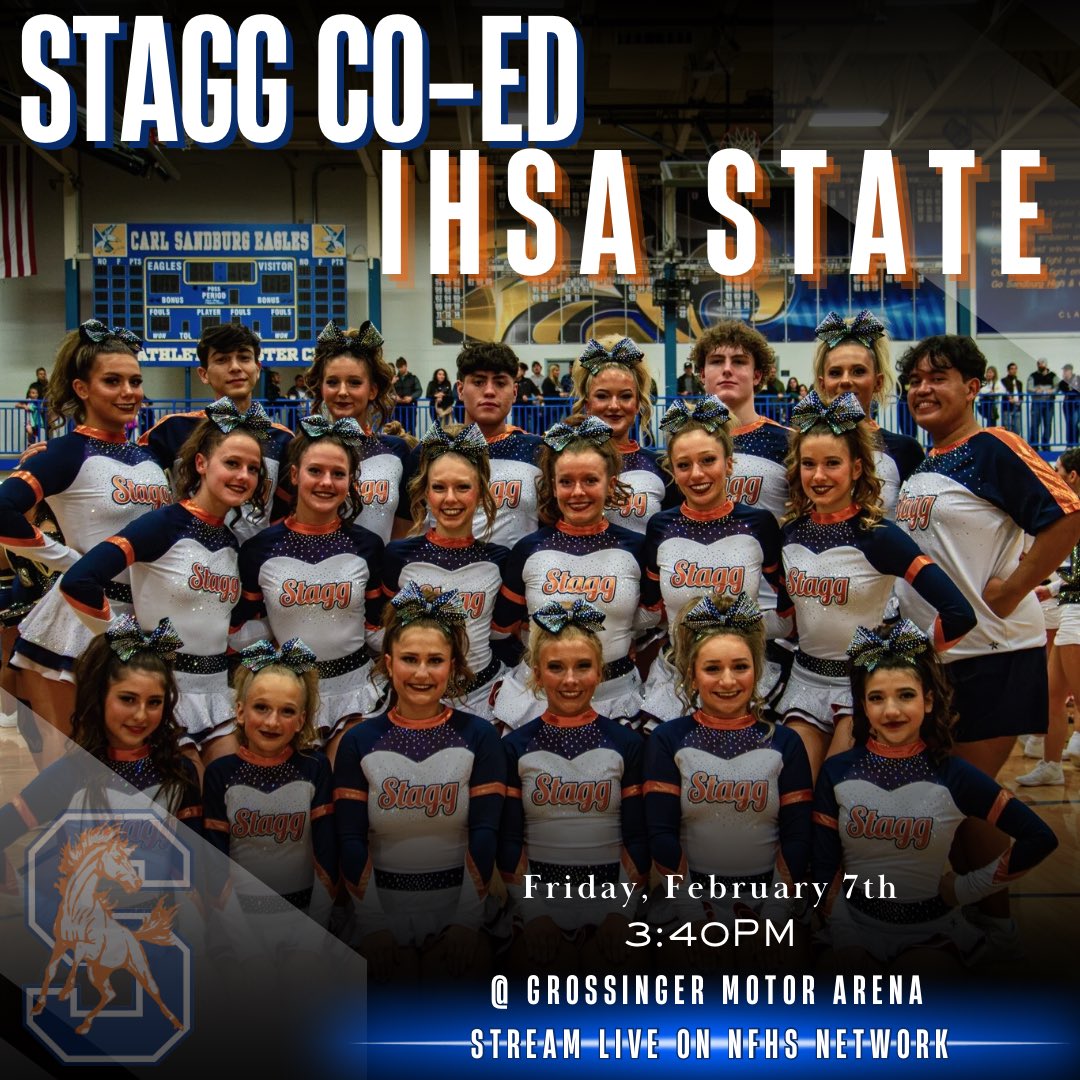 Charger Nation 📣

Come support Stagg Co-Ed at the IHSA State Finals
📆Fri., Feb. 7, 2025
📍 Grossinger Motor Arena
🎟️ $12 online or at the box office
📸 Performance time: 3:40pm 
🖥️ Stream live on NFHS Network

Wear Blue 🔵
Be Loud 📢 
&amp; PACK THE STANDS 

Let’s Go Chargers!!