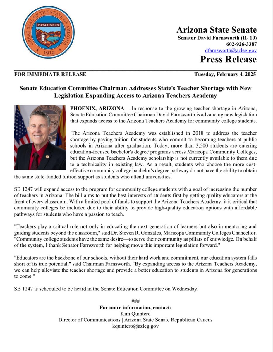 🚨FOR IMMEDIATE RELEASE: Senate Education Committee Chairman Addresses State's Teacher Shortage with New Legislation Expanding Access to Arizona Teachers Academy

Full Press Release: azsenaterepublicans.gov/post/senate-ed…