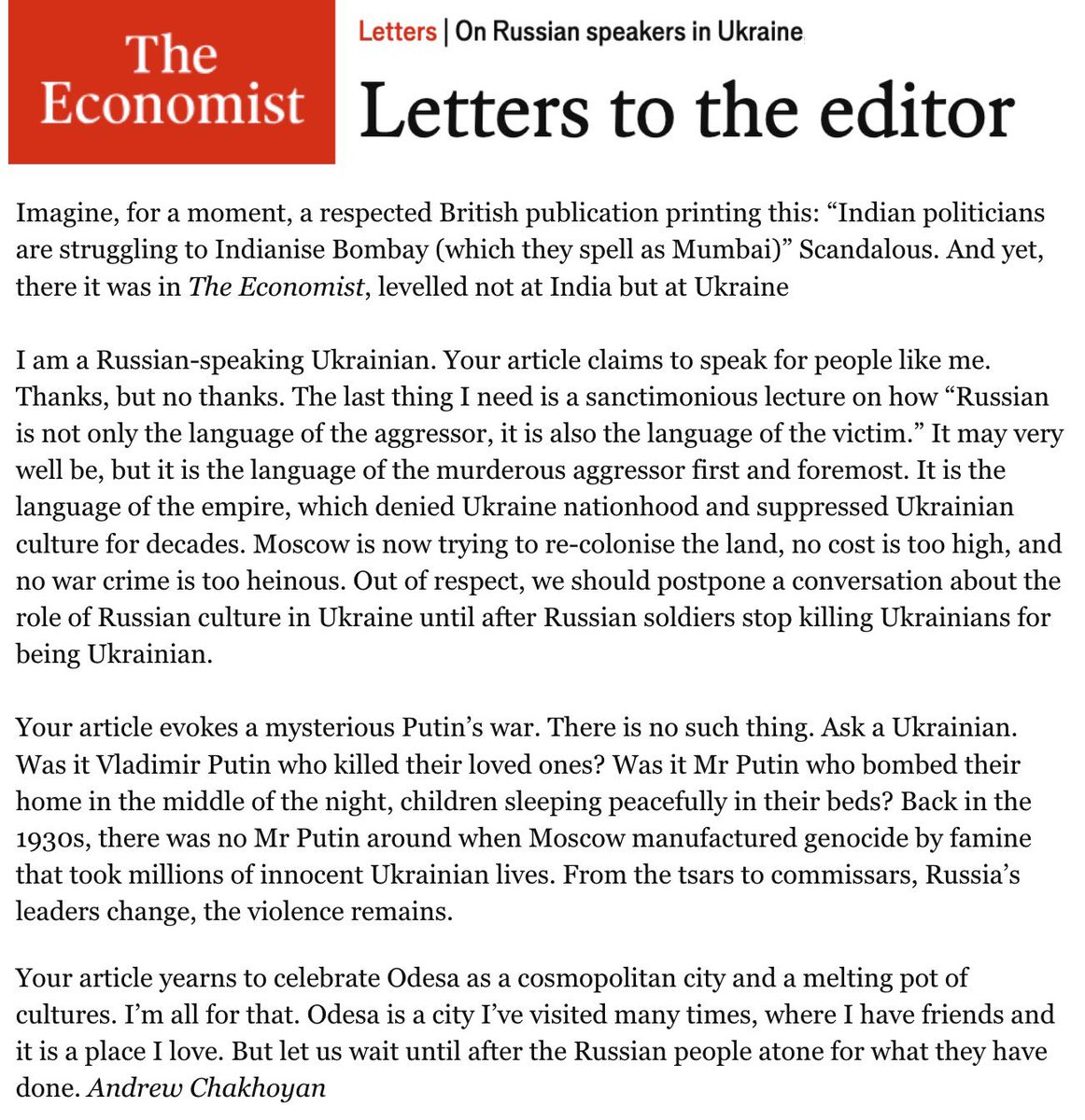Andrew Chakhoyan 🇺🇦 (@chakhoyanandrew) on Twitter photo I am a russian-speaking Ukrainian. <a href="/TheEconomist/">The Economist</a> claims to speak for me
Thanks, but no thanks
The last thing I need is a sanctimonious lecture on how "russian isn’t only the language of the aggressor, it’s also the language of the victim"
it’s the language of the murderous I am a russian-speaking Ukrainian. <a href="/TheEconomist/">The Economist</a> claims to speak for me
Thanks, but no thanks
The last thing I need is a sanctimonious lecture on how "russian isn’t only the language of the aggressor, it’s also the language of the victim"
it’s the language of the murderous