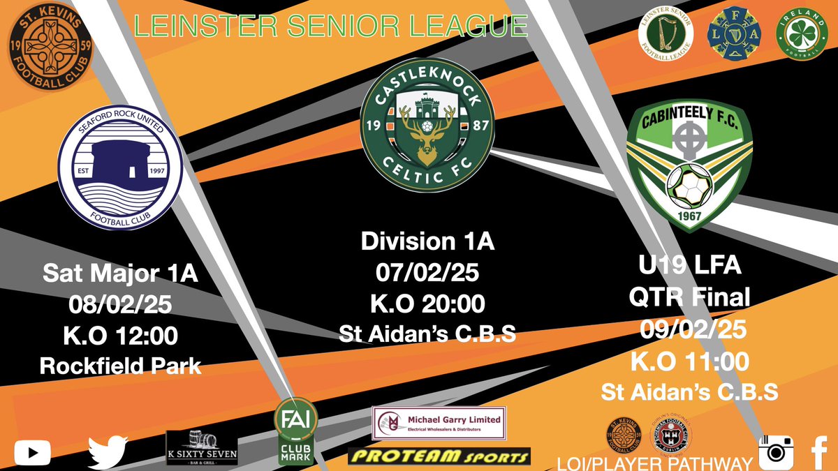 stkevinsfc's tweet photo. Another big Friday night under the lights with @CastleknockCFC taking on the seniors. Our 19’s in quarter final action against @Cabinteely_FC with the Saturday team away to Seaford rock utd.
@LSLLeague https://t.co/nplFk0Jz4O