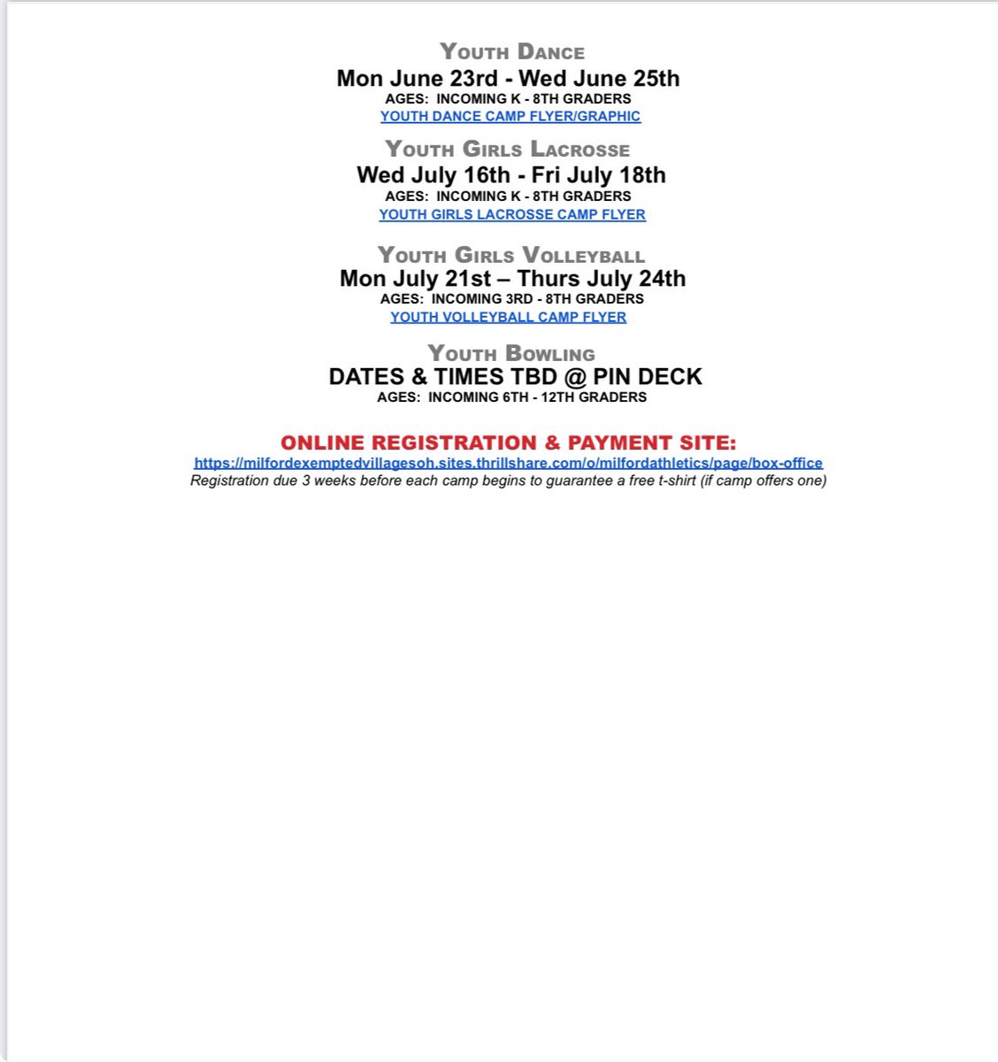 Milford Athletics (@milford_eagles) on Twitter photo Pull out your 📆, it’s Summer Youth Sports Camp time!!!
We are estatic to offer a record 15 OFFERINGS that range from K-8th Grade! All camps are run by our HS coaches & student-athletes. Spread the word!!
Offerings: drive.google.com/file/d/1y-nDzx…
Registration: …mptedvillagesoh.sites.thrillshare.com/o/milfordathle… Pull out your 📆, it’s Summer Youth Sports Camp time!!!
We are estatic to offer a record 15 OFFERINGS that range from K-8th Grade! All camps are run by our HS coaches & student-athletes. Spread the word!!
Offerings: drive.google.com/file/d/1y-nDzx…
Registration: …mptedvillagesoh.sites.thrillshare.com/o/milfordathle…