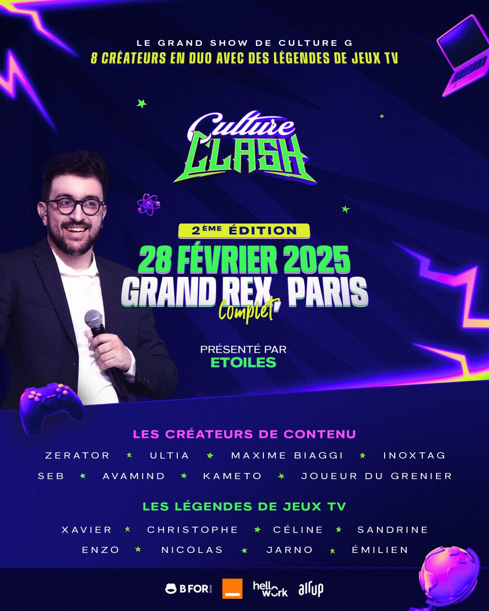 Le 28 février prochain, sur la scène du Grand Rex à Paris, 8 créateurs, en duos avec 8 légendes de jeux TV, vont s'affronter pour la Gloire (et un trophée en forme de ? je crois) ⚡️

À voir en direct sur twitch.tv/etoiles