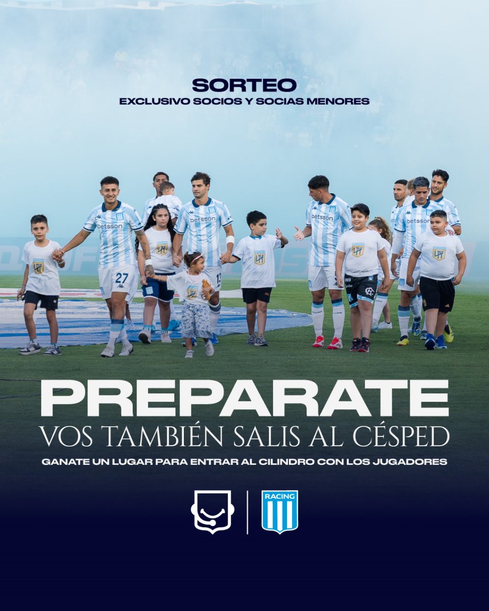 Este sábado, socios/as de 6 a 11 años podrán salir al campo con los jugadores 🏟️💙

✅Nombre y últimos 3 números de socio/a.
✅Cuota al día.
✅Registrados en pass.racingclub.com.ar.
✅Rt y compartí el post.

📲El jueves anunciamos los ganadores en bit.ly/RacingentuWhat….