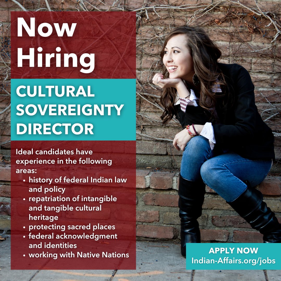 IndianAffairs's tweet image. 🚨 We're hiring! We are seeking a Cultural Sovereignty Director to lead our advocacy for Native Nations’ control and authority over culture, lands, and Ancestors.
📍 Full-time, virtual
💰 $75K–$125K + benefits
Apply by Feb. 7: indian-affairs.org/jobs.html
#NowHiring #NativeLeadership