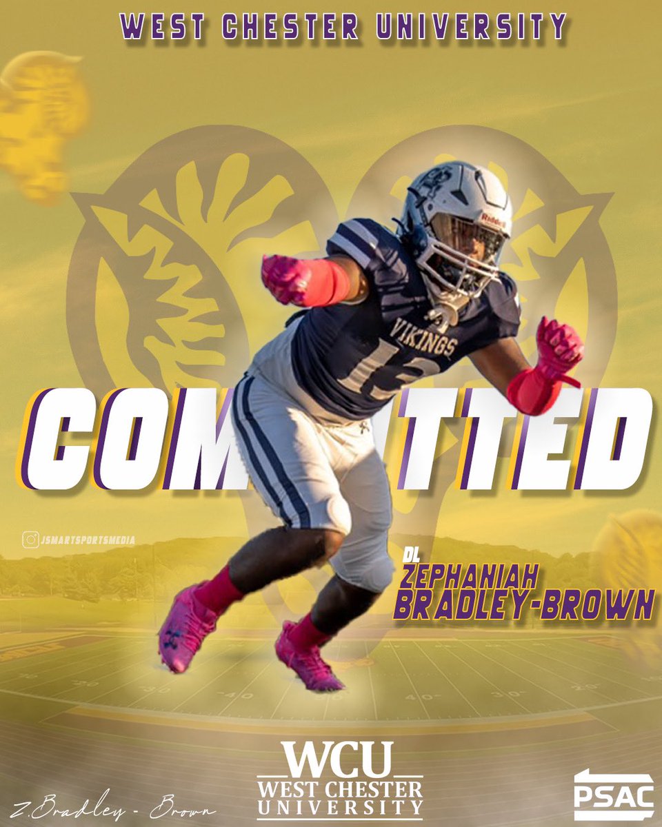 Zephaniah Bradley (@zephbradley_13) on Twitter photo I’m excited to announce my commitment to West Chester University to continue my academic and football career. Huge thanks to my family, coaches, and teammates for their support throughout this journey. Let’s work 💜💛🐏.
<a href="/CoachKeenan3AC/">Coach Keenan Wright</a> <a href="/RayWeed5/">Ray Weed</a> <a href="/CoachJCurry/">Justin Curry</a> <a href="/CoachGToney/">Gerald Toney</a> I’m excited to announce my commitment to West Chester University to continue my academic and football career. Huge thanks to my family, coaches, and teammates for their support throughout this journey. Let’s work 💜💛🐏.
<a href="/CoachKeenan3AC/">Coach Keenan Wright</a> <a href="/RayWeed5/">Ray Weed</a> <a href="/CoachJCurry/">Justin Curry</a> <a href="/CoachGToney/">Gerald Toney</a>