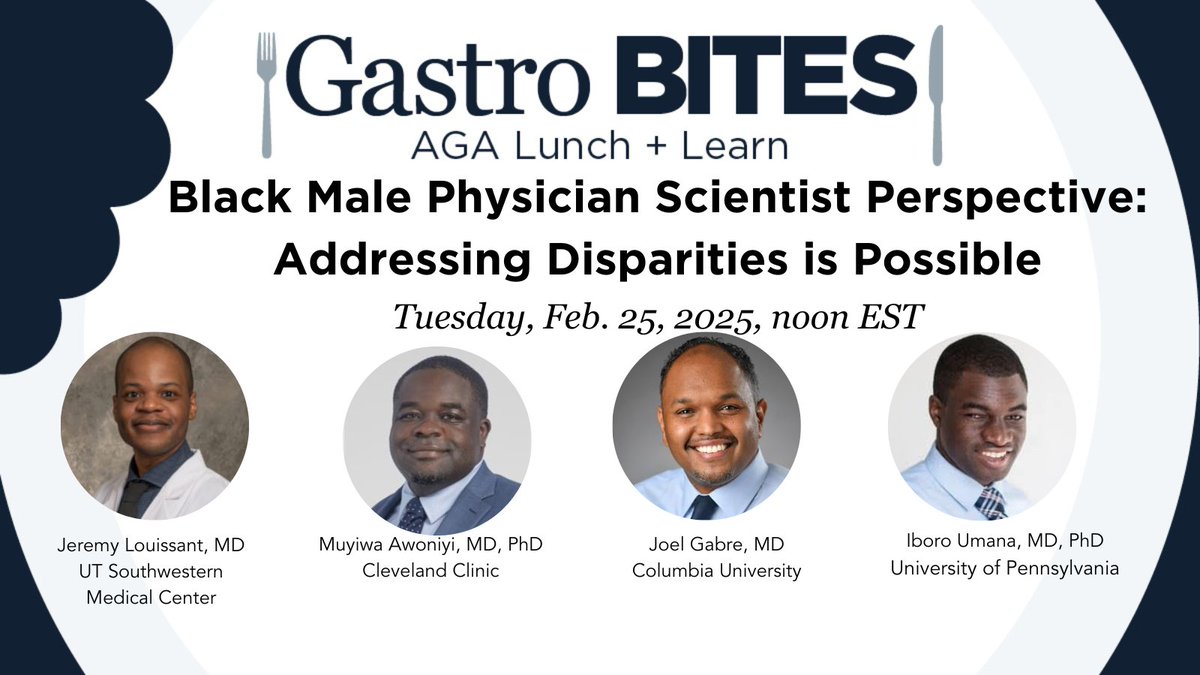 American Gastroenterological Association (AGA) (@amergastroassn) on Twitter photo Happy #BlackHistoryMonth. Join our #BHM #GastroBites for a candid conversation with four Black male doctors. Hear personal stories about their experiences in academic medicine. Register: ow.ly/N9lH50UQyOx <a href="/jlouissaint89/">Jeremy Louissaint</a> <a href="/MuyiwaAwoniyi1/">Muyiwa Awoniyi</a> <a href="/GabreJoel/">Joel Gabre</a> <a href="/IboroUmana/">Iboro Umana</a> #BlackInGastro Happy #BlackHistoryMonth. Join our #BHM #GastroBites for a candid conversation with four Black male doctors. Hear personal stories about their experiences in academic medicine. Register: ow.ly/N9lH50UQyOx <a href="/jlouissaint89/">Jeremy Louissaint</a> <a href="/MuyiwaAwoniyi1/">Muyiwa Awoniyi</a> <a href="/GabreJoel/">Joel Gabre</a> <a href="/IboroUmana/">Iboro Umana</a> #BlackInGastro