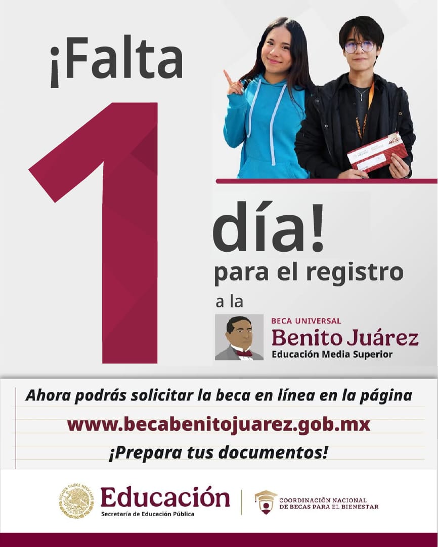 📢 El registro en línea a la Beca Universal #BenitoJuárez está por iniciar, ¡prepara tus documentos!

𝗘𝘀𝘁𝘂𝗱𝗶𝗮𝗻𝘁𝗲
• Acta de nacimiento
• CURP
• Comprobante de estudios

𝗠𝗮𝗱𝗿𝗲 𝗼 𝗽𝗮𝗱𝗿𝗲
• Identificación oficial vigente
• CURP
• Comprobante de domicilio