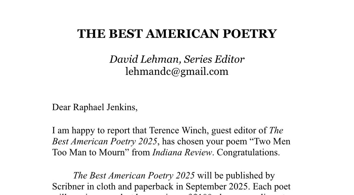 I’m hella excited to (finally) be able to announce that my poem
“Two men too man to mourn”
has been selected for inclusion in the Best American Poetry 2025 anthology!!

I’ve been smiling for weeks.
