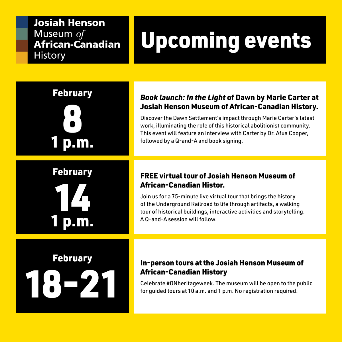 ONheritage's tweet photo. Celebrate Black History Month with the Josiah Henson Museum of African-Canadian History. The museum is hosting a series of events and programs that honour the history, culture and contributions of Black Ontarians: https://t.co/Wea1XXLFfE https://t.co/d0CIH1bhBo