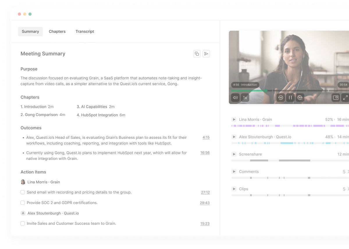 Ever wish you could walk away from a meeting with all the important details neatly wrapped up? With our new Grain Summary tab, you can!

Here's what's new:

Purpose: A one-sentence recap that tells you exactly what the meeting was about.

Chapters: Break down the conversation