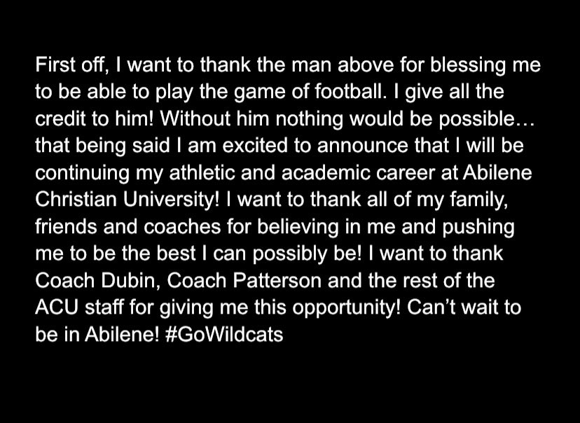 Jackson Austin (@_jacksonaustin) on Twitter photo Blessed to say I’m 100% committed to <a href="/ACUFootball/">ACU Football</a>
#AGTG #GoWildcats
<a href="/coachp_ACU/">Keith Patterson</a> <a href="/CoachDubin/">Conor Dubin</a> <a href="/Coach_GHarrell/">Graham Harrell</a> <a href="/chipd23/">Chip Darden</a> <a href="/leehays/">Lee Hays</a> <a href="/hooperty12/">Ty Hooper</a> <a href="/806hsscmedia/">Jasone Pearson</a> Blessed to say I’m 100% committed to <a href="/ACUFootball/">ACU Football</a>
#AGTG #GoWildcats
<a href="/coachp_ACU/">Keith Patterson</a> <a href="/CoachDubin/">Conor Dubin</a> <a href="/Coach_GHarrell/">Graham Harrell</a> <a href="/chipd23/">Chip Darden</a> <a href="/leehays/">Lee Hays</a> <a href="/hooperty12/">Ty Hooper</a> <a href="/806hsscmedia/">Jasone Pearson</a>