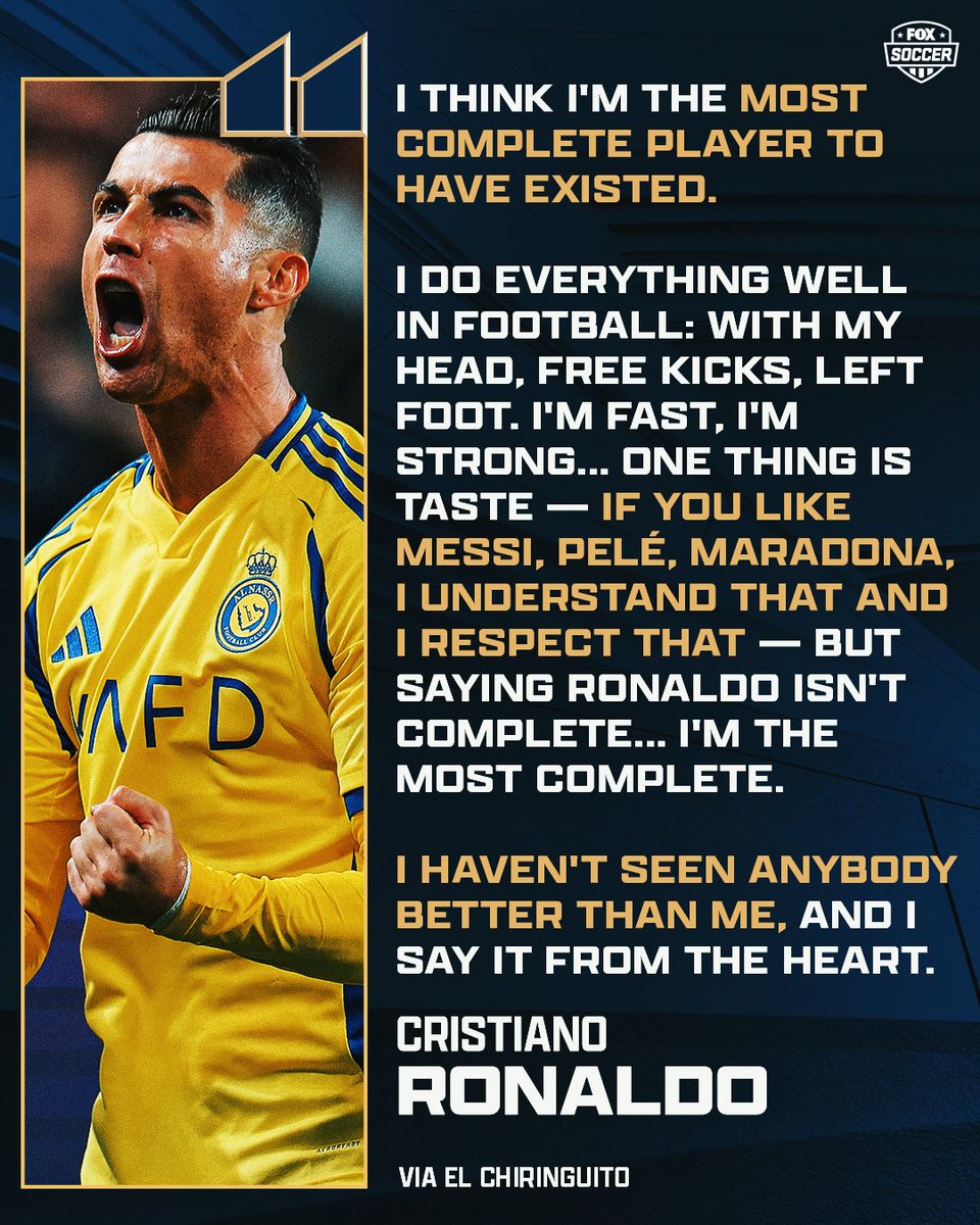 FOXSoccer's tweet photo. Cristiano Ronaldo says he is the most complete player to have existed. https://t.co/vsSouougaV