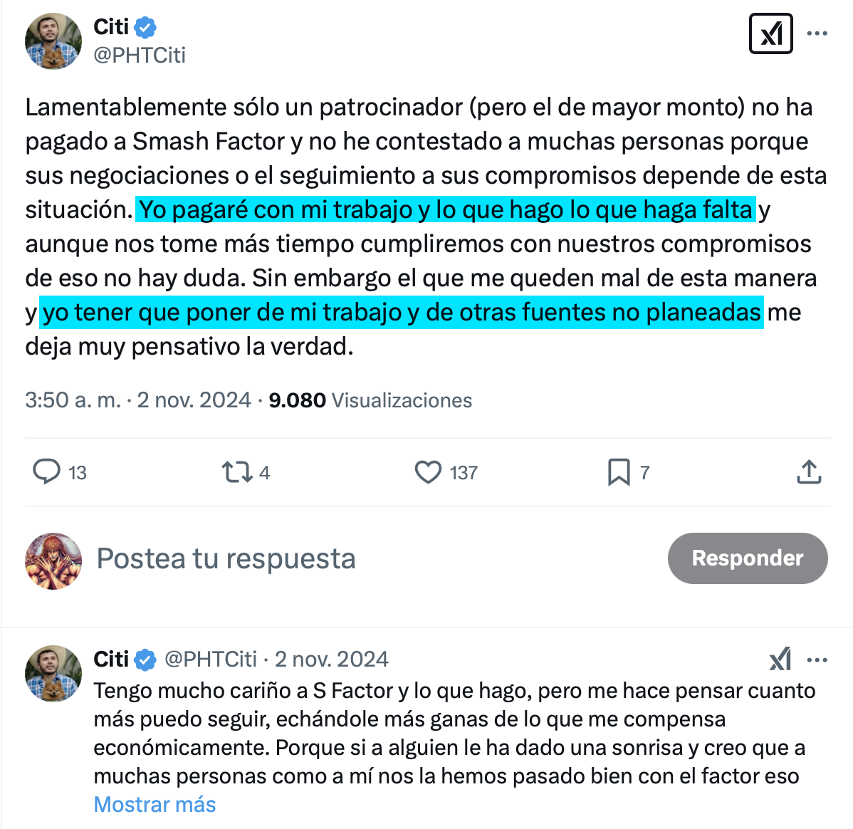 Leenvidia's tweet photo. 1) El 2/11, Citi dice que él pondrá de su bolsillo los pagos pendientes del SUPUESTO patrocinador que quedó mal (cosa que haría cualquier buen TO: hacerse responsable de SU evento)

2) El 17/11, Citi pone fecha límite al SUPUESTO patrocinador, y amenaza con proceder legalmente👇 https://t.co/7D6fncSv0X