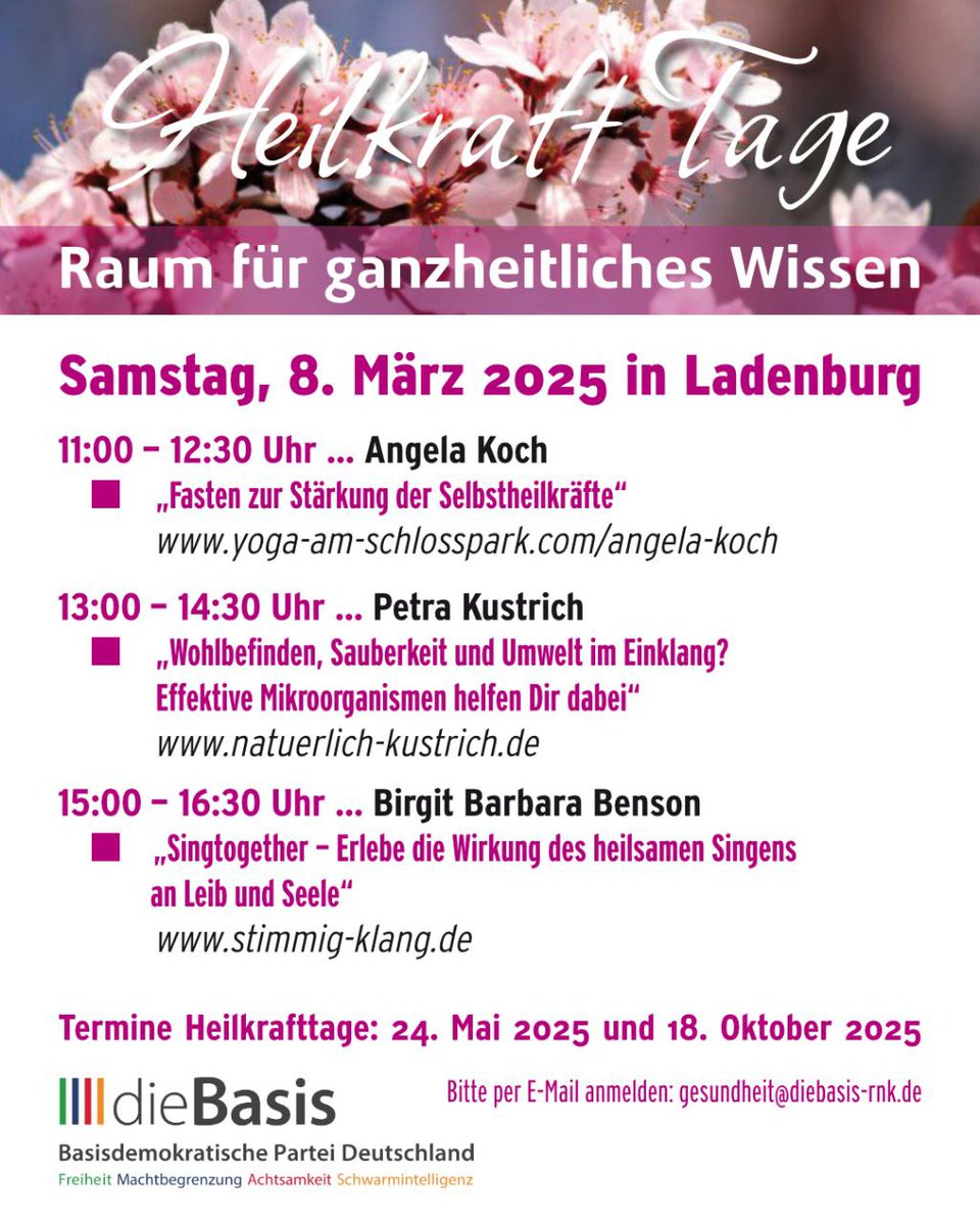 dieBasisNeBerg's tweet photo. Wir laden Euch herzlich zu den Heilkrafttagen am 8. März 2025 in 68526 Ladenburg ein https://t.co/rx1ewHu3b2
