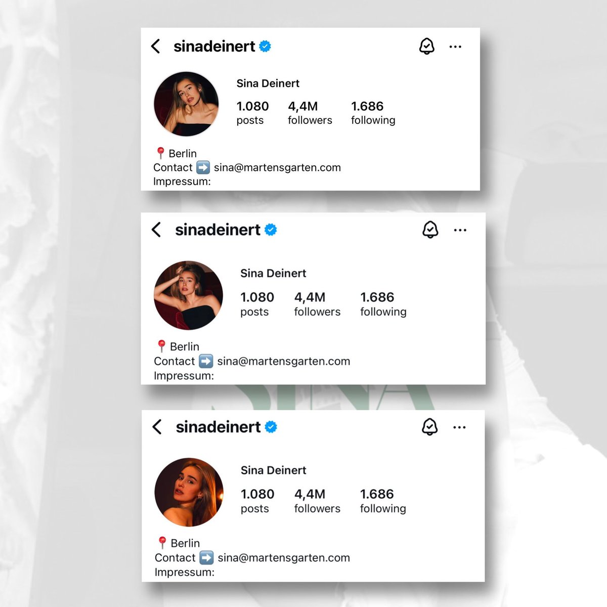 SinaDeinertBRA's tweet photo. Sina Deinert alterou sua foto de perfil do Instagram não só uma, mas três vezes! 😂 Uma das fotos nem foi postada por ela. Qual foi a sua favorita? https://t.co/E6nvqb4JkE