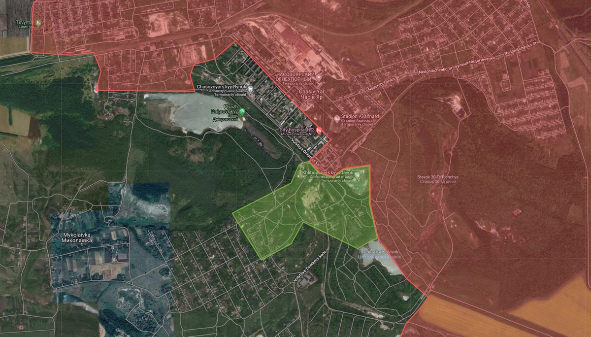 Kalibrated_Maps's tweet photo. Additional Russian advance in Chasiv Yar and entering the village of Mykolaivka to the west. https://t.co/5cdxIA3nOL