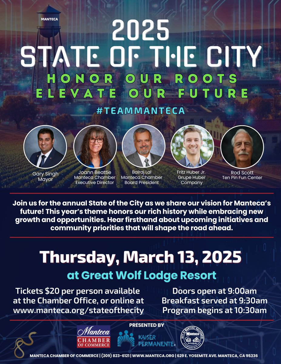 Join us as we share the vision for Manteca’s future at this year’s State of the City Event! Hear from Mayor Gary Singh, local business leaders Fritz Huber Jr. (Grupe Huber Company) &amp; Rod Scott (Ten Pin Fun Center), and the Manteca Chamber of Commerce about upcoming initiatives,