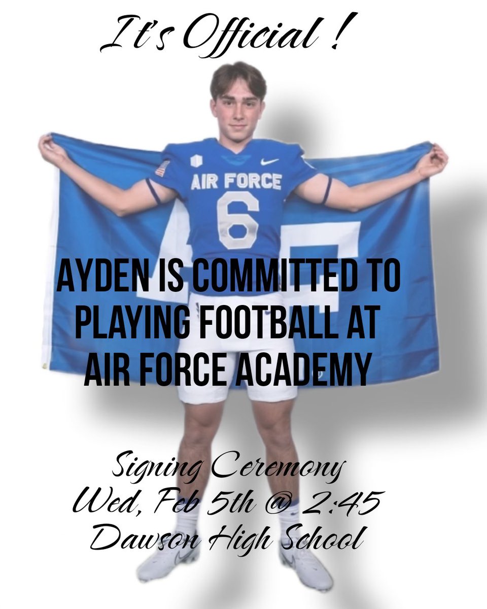 Ayden Treadaway (@aydentreadaway) on Twitter photo Ready to sign tomorrow and to officially be apart of <a href="/AF_Football/">Air Force Football</a>. #BoltBrotherHood⚡️
<a href="/AF_FBRecruiting/">Air Force Football Recruiting</a> <a href="/CoachTCalhoun/">Troy Calhoun</a> <a href="/coachskene3/">Brett Skene</a> @CoachKPearsonAF <a href="/CoachLobotzke/">Steed Lobotzke</a> <a href="/DawsonEagleFB/">Dawson Football</a> <a href="/RecruitTheNest/">Dawson Football Recruiting</a> <a href="/hershbrothersk1/">Hersh Brothers Kicking</a> <a href="/DawsonHighSchl/">Dawson Eagles</a> <a href="/HKA_Tanalski/">Adam</a> <a href="/Chris_Sailer/">Chris Sailer Kicking</a> Ready to sign tomorrow and to officially be apart of <a href="/AF_Football/">Air Force Football</a>. #BoltBrotherHood⚡️
<a href="/AF_FBRecruiting/">Air Force Football Recruiting</a> <a href="/CoachTCalhoun/">Troy Calhoun</a> <a href="/coachskene3/">Brett Skene</a> @CoachKPearsonAF <a href="/CoachLobotzke/">Steed Lobotzke</a> <a href="/DawsonEagleFB/">Dawson Football</a> <a href="/RecruitTheNest/">Dawson Football Recruiting</a> <a href="/hershbrothersk1/">Hersh Brothers Kicking</a> <a href="/DawsonHighSchl/">Dawson Eagles</a> <a href="/HKA_Tanalski/">Adam</a> <a href="/Chris_Sailer/">Chris Sailer Kicking</a>