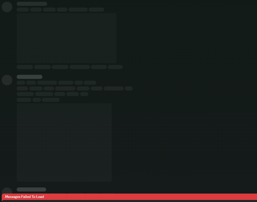 WispMoogi's tweet photo. > gets off long work day 
> opens discord
> sees the red line of "message failed to load" 

i guess discord is down :( rip to the gay ppl in my phone i wanted to talk to https://t.co/xS91wLVdPq